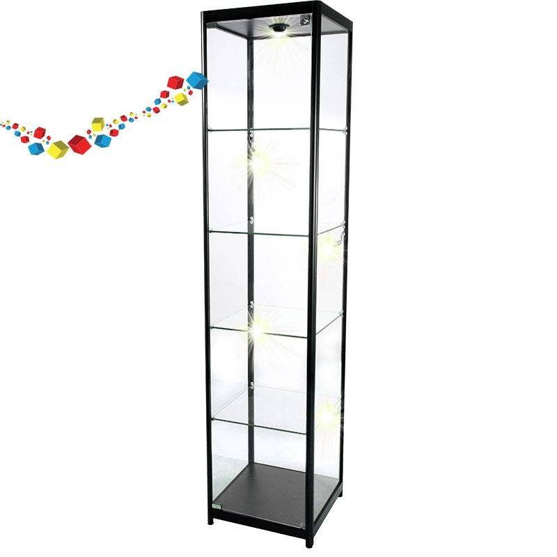 Vitrine d'exposition noire en verre et avec éclairage