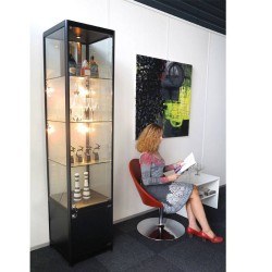 Vitrine d'exposition noire en verre et avec éclairage